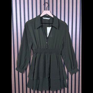 New Zara Shirt Dress Medium Womens Army Green Ruffled Long Sleeve Henley Sheer
